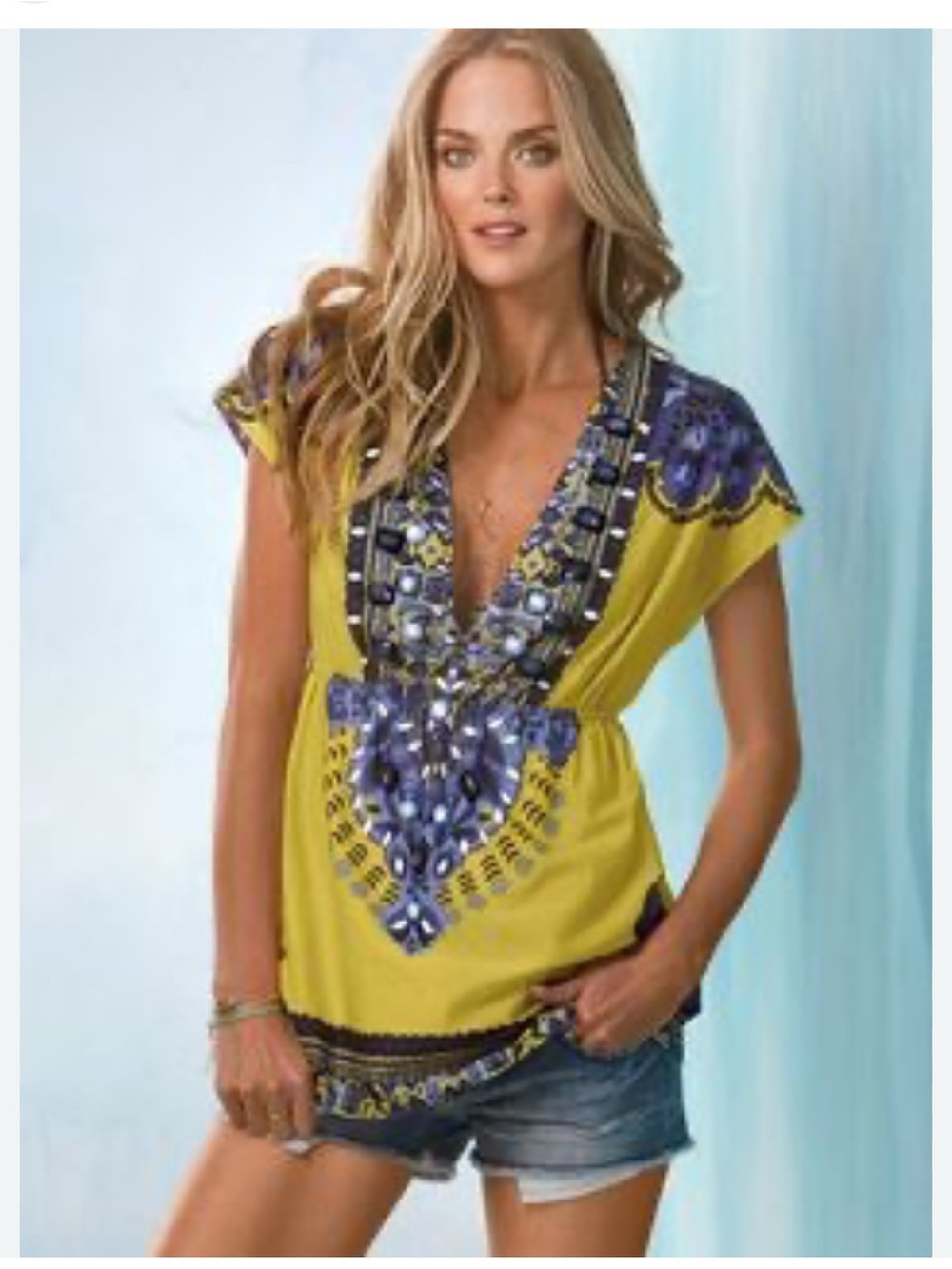 Moda International Yellow Tunic with Blue Embroidered Detail